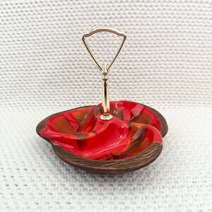 California Pottery 618 USA Retro MCM Flame Red Candy Nut Divided Dish Handle